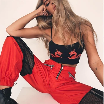 2020 naujas Moterų Aukšto Juosmens Kratinys Kelnes Prekės Užtrauktuką Raudona Streetwear Kelnės Mados Poilsiu Moterų Elastinga Juosmens Punk Kelnės