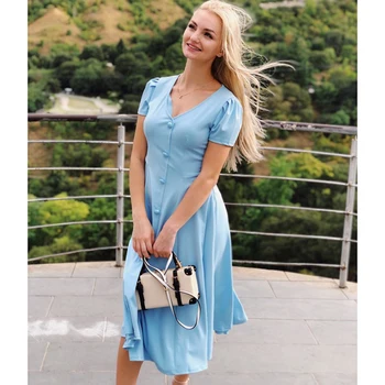Elegantiškos linijos šalis suknelė Vasaros 2019 vientisos spalvos mygtuką v kaklo midi moterų suknelė trumpomis rankovėmis office ponios plisuotos suknelės
