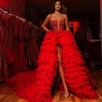 Spalvingas Red Crystal Aukštas Žemas Tiulio Vakaro Suknelės Ruffles Pakopų Ilgai Tutu Prom Chalatai Brangioji Zawalcowany Šalis Suknelė