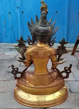 Nemokamas pristatymas Kolekcines bronzos 36 cm Tibetas Tibeto Paauksuota Bronza Lotus Sėdynės Žalioji Tara Deivė BUDOS Statula