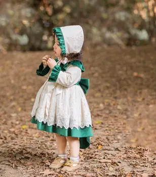 Baby Girl Rudens Žiemos Ilgos Rankovės Žalia Geltona Aksomo Derliaus ispanijos, Anglijos Princesė Suknelė Suknelė Mergina Kalėdų Atsitiktinis