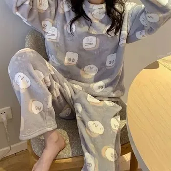 2020 M. Žiemos Flanelė Šilta Pižama Korėjos Kawaii Animacinių Filmų Pajama Mados Pijama Mujer Laisvalaikio Namuose Medžiaga Pyjama Moterų Sleepwear
