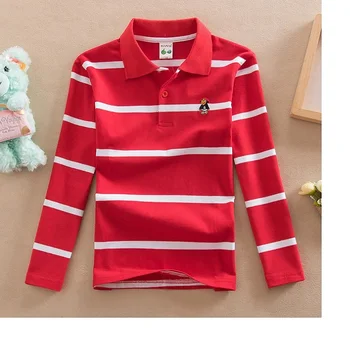 Aukštos kokybės 4-12 metų amžiaus berniukas, polo marškinėliai ilgomis rankovėmis marškinėliai atvartas apvalios kaklo vientisos spalvos dryžuotas medvilnės marškinėliai