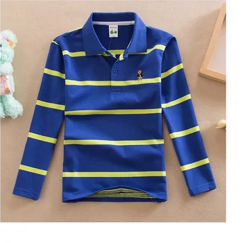 Aukštos kokybės 4-12 metų amžiaus berniukas, polo marškinėliai ilgomis rankovėmis marškinėliai atvartas apvalios kaklo vientisos spalvos dryžuotas medvilnės marškinėliai