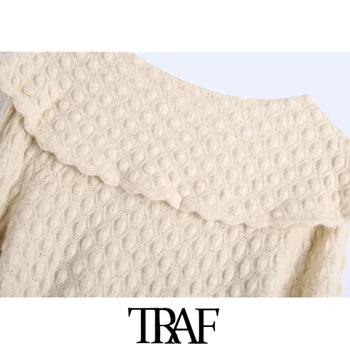 TRAF Moterų Mados Aksomo Lankas Dryžuota Tekstūra Megzti Megztinis, Vintage ilgomis Rankovėmis Mygtuką-iki Moterų Puloveriai Prašmatnus Viršūnės