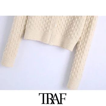 TRAF Moterų Mados Aksomo Lankas Dryžuota Tekstūra Megzti Megztinis, Vintage ilgomis Rankovėmis Mygtuką-iki Moterų Puloveriai Prašmatnus Viršūnės