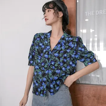 HziriP Derliaus Gėlių Marškinėliai Moterims Streetwear Viršūnes 2020 Naujas Vasaros Prarasti trumpomis Rankovėmis Viršūnes Kostiumas Apykaklės OLIS Mados Palaidinės Blusas