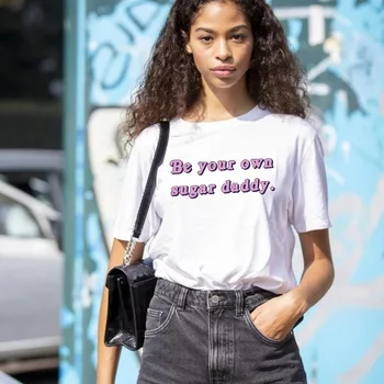 Kuakuayu HJN Būti Savo Sugar Daddy Laišką Atspausdinta Marškinėliai Iškelti Moterų Juokinga Rožinė Letter Spausdinimo Gatvės Stiliaus Tee Viršūnės