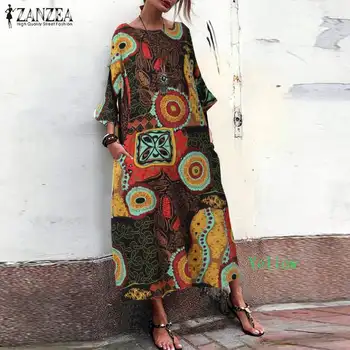 Moterys Seniai Maxi Suknelė iki 2021 m. Vasarą ZANZEA Ponios Bohemijos Medvilnės Skalbiniai Kišenės Vestidos Paplūdimio Suknelės, Šaliai, Skraistės Femme Plius Dydis