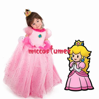 Vaikų Mergaičių Princess Peach Suknelė Helovinas Kostiumas Vaikams su Karūna