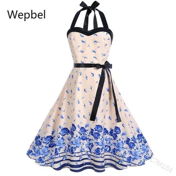 WEPBEL Moterų Hepburn Apynasrio Suknelė Aukšto Juosmens Hugging Lankas Gėlių Spausdinti Suknelės-line Mados Atsitiktinis Plius Dydis Suknelė