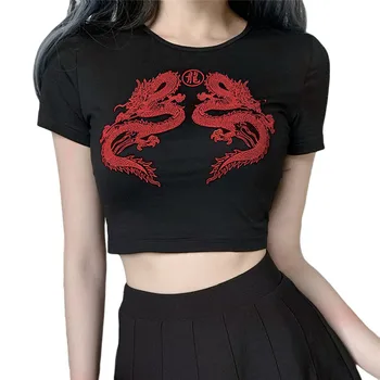 Moterų trumpomis Rankovėmis Drakonas, Print T-shirt Vasaros Mados Ponios Slim Pasėlių Viršuje Puloveris Basic Tee Marškinėliai