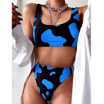 Karvė spausdinti seksualus bikini komplektas Retro sporto maudymosi kostiumėlį moteris Bandeau aukšto juosmens bikini Push up maudymosi kostiumėliai moterims 2020 NAUJAS maudymosi kostiumas