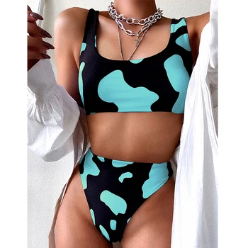 Karvė spausdinti seksualus bikini komplektas Retro sporto maudymosi kostiumėlį moteris Bandeau aukšto juosmens bikini Push up maudymosi kostiumėliai moterims 2020 NAUJAS maudymosi kostiumas