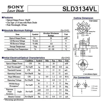 2vnt Naujos Sony SLD3134VL 20mw 405nm 5.6 mm, Violetinė Mėlyna Lazerio Diodas IKI 18 LD m PD