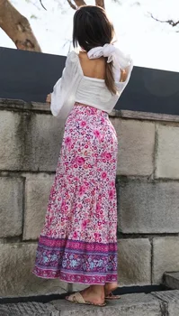 Bohemija, Hot Pink Gėlių spausdinti Medvilnės Maxi Ilgas Sijonas BOHO Hipių Moterų Elastinga Aukštos Juosmens Spliced Ruched plisuotas Sijonas Atostogų