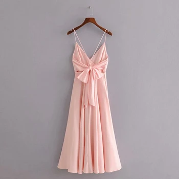 Saldus moterų rožinė backless suknelė 2020 metų vasaros mados ponios spageti dirželis suknelės moterų elegantiškas lankas suknelė mergaitėms prašmatnus vestidos