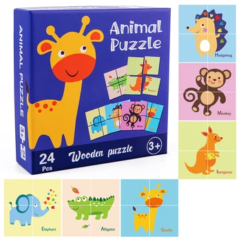 24Pcs Medinė Dėlionė 3d Dėlionės Tangram Vaikams Animacinių filmų Gyvūnų Eismo Ankstyvo Mokymosi Žaislai, Kūdikių Pažinimo Žaislai