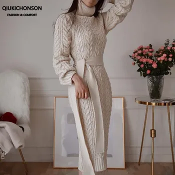 Qiukichonson Korėjos Stiliaus Ilgai Midi Megztinis Suknelė Moterims Rudens, Žiemos, Derliaus Golfo Juostinės Susukti Megztos Suknelės Damoms