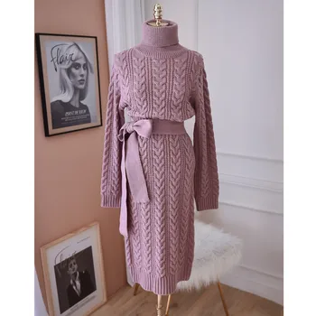 Qiukichonson Korėjos Stiliaus Ilgai Midi Megztinis Suknelė Moterims Rudens, Žiemos, Derliaus Golfo Juostinės Susukti Megztos Suknelės Damoms