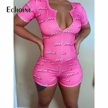 Echoine 2020 Seksualus Moteriški Jumpsuit Sleepwear Mados Gėlių Trumpomis Rankovėmis V-Kaklo Bodycon Onesies Bodysuit Romper Šortai Kelnės