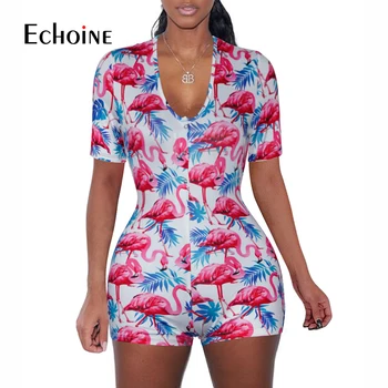 Echoine 2020 Seksualus Moteriški Jumpsuit Sleepwear Mados Gėlių Trumpomis Rankovėmis V-Kaklo Bodycon Onesies Bodysuit Romper Šortai Kelnės