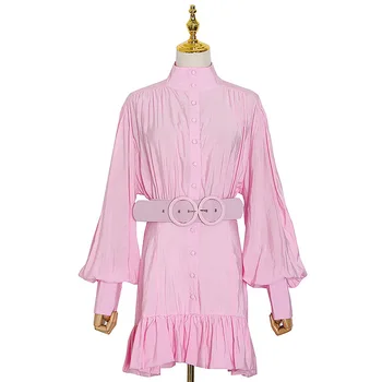 Aukštos Kokybės 2020 M. Moteris Žibintų Rankovės Asimetriniu Pynimas Juostele Spausdinti Mini Suknelė su Varčios Rožinė