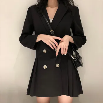 Dvigubo breasted moterų švarkas suknelė Office ponios plisuotos laisvalaikio švarkas suknelės Rudens ir žiemos plonas kombinezonas moteriška juoda suknelė 2019