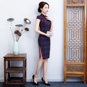 Sheng Kokosų Pagerėjo Pledas Cheongsam Kinų Stiliaus Suknelė Elegantiškas Plius Dydis, Tamsiai Mėlynos Spalvos Pledas Qipao