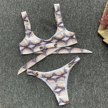 Gyvatė Spausdinti Bikini Komplektas Dirželis Mygtuką, maudymosi Kostiumėliai, Ponios Padalinta Aukšto Juosmens Apynasrio Thong maudymosi kostiumėlį Dviejų dalių Moterų Sexy Mini Bikini
