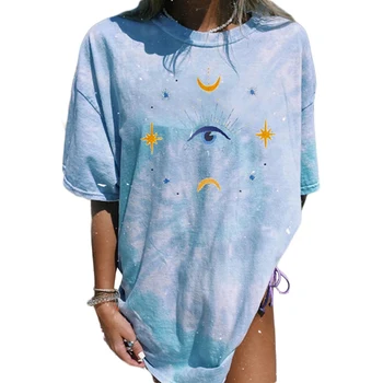 2020 Moterų Atsitiktinis Mados marškinėliai Blue Sun Moon Spausdinti Laisvi O-kaklo trumpomis Rankovėmis Elastinga Ištemptas Marškinėlius Vasaros Viršūnes Naujas