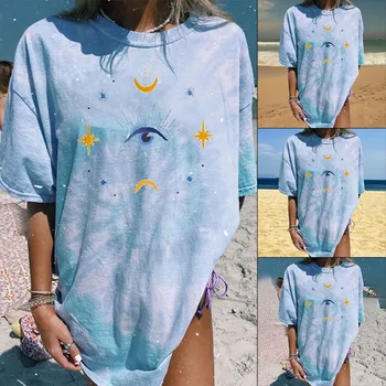 2020 Moterų Atsitiktinis Mados marškinėliai Blue Sun Moon Spausdinti Laisvi O-kaklo trumpomis Rankovėmis Elastinga Ištemptas Marškinėlius Vasaros Viršūnes Naujas