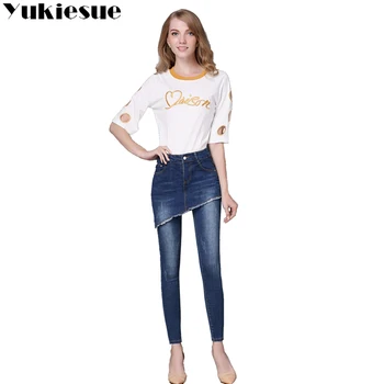 YUKIESUE moterų džinsus 2018 aukštos wasit derliaus džinsinio džinsus moteris liesas ilgai pieštuku kelnės, sijonai, džinsai moterų plius dydis