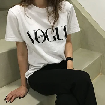 Laiškas Išspausdintas Harajuku Mados Mergaitė Camisas VOGUE trumpomis Rankovėmis T-shirt Mados Populiariausių Viršūnes Drabužius Vasarą Juoda 1PC moteris