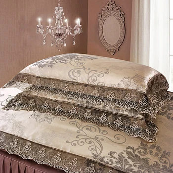 4Pcs Satino Žakardo prabangių nėrinių patalynės komplektai karalienė king size antklode padengti nustatyti lova sijonas nustatyti užvalkalas patalyne