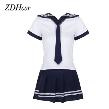 Moterų Japonų Mokyklos Mergaičių Anime Cosplay Kostiumas Sailor Vienodi Kostiumai trumpomis Rankovėmis T-shirt Viršūnes su Klostuotas Sijonas ir Kaklaraištis