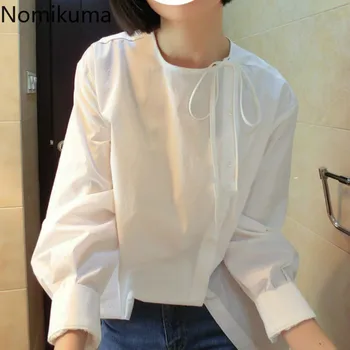 Nomikuma 2021 m. Pavasarį Nauja, Moterų Palaidinė Pusės Viena Breasted peteliškę O-kaklo Doll Marškinėliai Atsitiktinis ilgomis Rankovėmis Kietas Blusas Femme 6D819