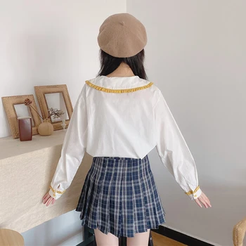 Mokyklos Mergaitė Balti Marškiniai Japanese Lolita Peter Pan Apykaklės Marškinėliai Moterims Kawaii Saulėgrąžų Siuvinėjimo Viršūnes Saldus Pynimas Palaidinė