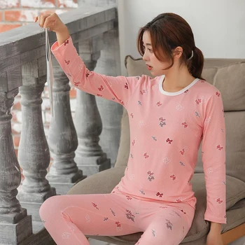 2020 M. Rudens Žiemos Ilgos Rankovės Šiluminis Kūno Shaper Apatiniai Rinkiniai Moterims Korėjos Šiltas Spausdinti Pižama Sleepwear Bodysuit Drabužiai