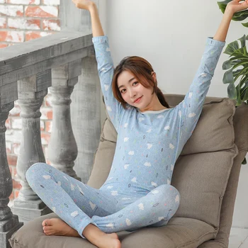 2020 M. Rudens Žiemos Ilgos Rankovės Šiluminis Kūno Shaper Apatiniai Rinkiniai Moterims Korėjos Šiltas Spausdinti Pižama Sleepwear Bodysuit Drabužiai