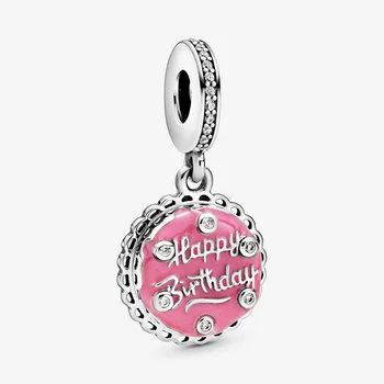 925 Sterling Silver Pink Laimingas Gimtadienio Tortas Tabaluoti Žavesio Tinka Originalios Pamura Karoliukų Apyrankės Papuošalai Gimtadienio Dovana Draugei