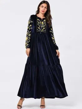 Elegantiškas Aksomo Musulmonų Suknelė Moterims Big Swing-line Maxi Suknelė Siuvinėjimo Jubah Ilgas Chalatas, Abaja Suknelės Islamo Drabužių Elbise