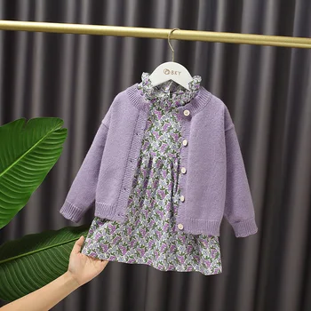 2020 m. Rudenį Baby Girl ' s Sweet Megztinius ilgomis Rankovėmis Megztinis+Nėrinių Apykaklę Gėlių Suknelė Princesė Suknelė Tiktų Vaikams