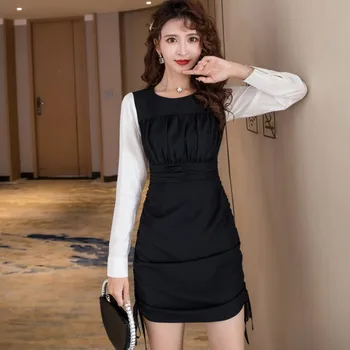 Moterų korėjos balta kratinys juoda Raišteliu Bodycon Seksuali Mini Suknelė 2020 mados elegantiškas sluoksniuotos ilgomis Rankovėmis Chic Suknelė moteris