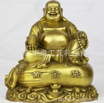 Nemokamas pristatymas Kolekcines bronzos 20cm Kinijos Liaudies Fengshui Bronzos Laimingas Juoktis Maitrėjos Budos Ant Pinigų Maišo Statula