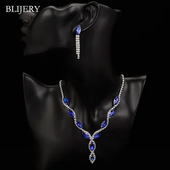 BLIJERY Elegantiškas Royal Blue Crystal Vestuvių Papuošalai Rinkiniai Cirkonio Ilgai Kutas Karoliai, Auskarai, Apyrankės Vestuvių Papuošalai Rinkiniai