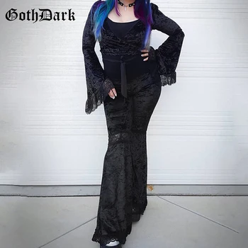 Goth Tamsaus Aksomo Gotikos Nėrinių Kratinys Flare Kelnės Romantic Goth Derliaus Grunge Liesas Moterų Kelnės Aukštu Juosmeniu Streetwear Emo