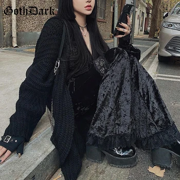 Goth Tamsaus Aksomo Gotikos Nėrinių Kratinys Flare Kelnės Romantic Goth Derliaus Grunge Liesas Moterų Kelnės Aukštu Juosmeniu Streetwear Emo