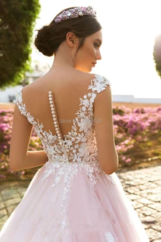Viliojanti, Pink Gėlių Aplikacijos Vestuvių Suknelės 2021 Samtelis Kaklo Linija Nuogas Tiulio Vestuvinės Suknelės Beach Grindų Ilgis Nuotakos Suknelė