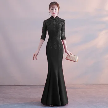 Juoda Siuvinėjimas Rytų Stiliaus Suknelės Kinų Nuotaka Senovinių Tradicinių Vestuvių Cheongsam Suknelė Ilgai Undinė Qipao Dydis XS-XXL